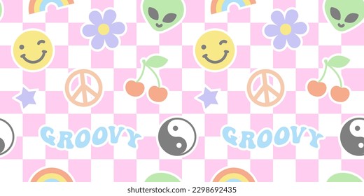 Colorful retro y2k icon seamless pattern illustration with happy faces. Vintage pastel color flower cartoon symbol background in psychedelic style. 