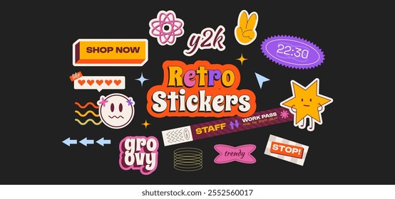 Colorido paquete de pegatinas retro Y2K con gráficos divertidos. Tipografía juguetona, personajes extravagantes y Elementos como estrellas, corazones, y frases divertidas como Shop Now, Groovy y Stop!