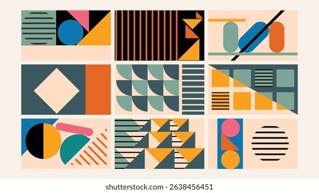 Colorful retro-style abstract background featuring geometric shapes and bold contrasts in a modern layout.