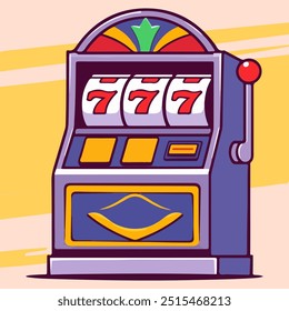Colorful retro-style illustration of a slot machine showing a winning combination of 777