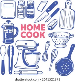 A colorful retro-style illustration of various kitchen tools and cooking utensils arranged around the words "HOME COOK." Includes mixer, pan, knives, cutting board, whisks, scale, tongs, colander, sal