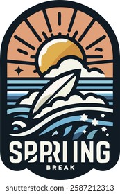 A colorful retro-style Spring Break logo featuring a surfboard, ocean waves, a rising sun, and a vintage sunset background. This bold and stylish emblem is ideal for travel, beach, surf, summer, and h