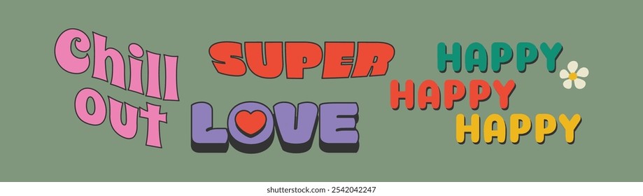 Colorful retro-style typography vector with words love, super, chill, happy for positive vibes and lifestyle stickers