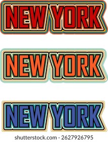 Colorful retro-style vector emblems with bold "NEW YORK" text in three color variations. Ideal for travel, apparel, stickers, and vintage designs