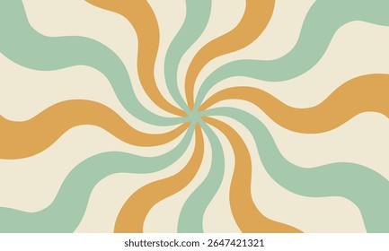 Colorful retro-style wavy spiral background. Groovy 70s-inspired abstract design with a dynamic and nostalgic aesthetic. Perfect for vintage posters, print, banners, social media graphics.