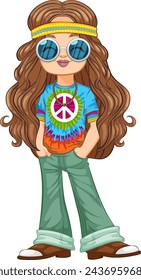 Colorful, retro-styled hippie girl in vibrant attire.