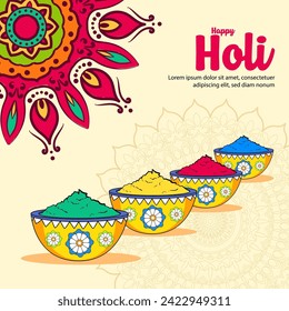 Colorful Revelry Holi Greeting Card Adorned with Bowls Overflowing with the Spirit of Celebration Vibrant Verse Happy Holi Card Packed with Bowls of Red, Yellow, Green, Blue, and Purple Revelry