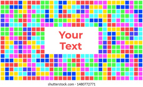 Colorful (RGB). Seamless vector abstract pixel tetris pattern, repeat in blue, green, yellow, purple color. Trendy minimal style. Great for hi-tech or game design. Text in the middle.