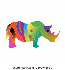 A colorful rhinoceros with an abstract design, featuring curved patterns and color gradients for a dynamic look. The minimalist details maintain the recognizable shape of a rhino.