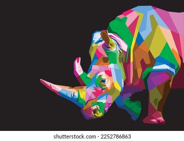 colorful rhinoceros on pop art style isolated with black backround