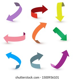 Colorful ribbon arrow set. Arrow stickerst various angles and directions. 3d vector icon set.