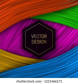 Colorful ribbon background with hexagonal black and gold frame for text. Trendy packaging design or cover template.