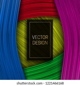 Colorful ribbon background with rectangular black and gold frame for text. Trendy packaging design or cover template.