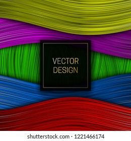 Colorful ribbon background with square black and gold frame for text. Trendy packaging design or cover template.