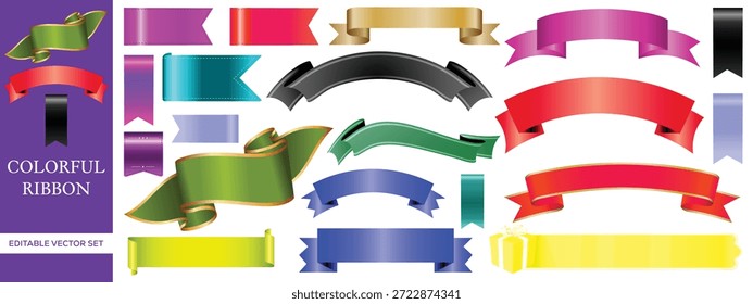 Conjunto de vetores de banner de fita colorido com etiquetas decorativas, emblemas e coleção de elementos de design editável