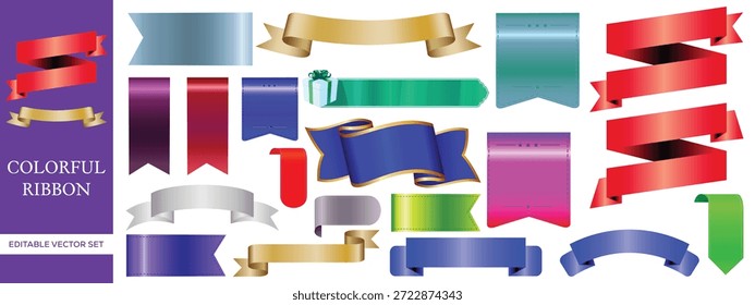 Conjunto de vetores de banner de fita colorido com etiquetas decorativas, emblemas e coleção de elementos de design editável