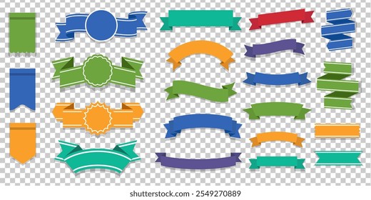 Colorful  Ribbon Banners set with different colors of ribbon,simple and minimalist on white and transparent background.