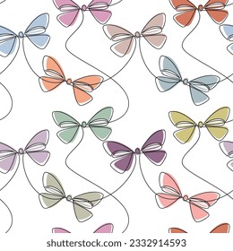 Colorful ribbon bow icon seamless vector pattern. Line continuous drawing. Festive hand drawn illustration, holiday background. Wallpaper print, fabric, textile, wrapping paper, packaging design.