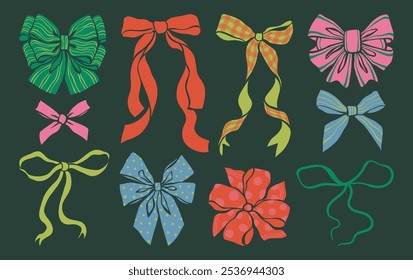 Colorful ribbon bow set flat vector illustration. Hand-drawn cartoon bows for gift wrapping. Various bow knots for Christmas, New Year, holiday celebration, birthday gift box, card, party decorations.