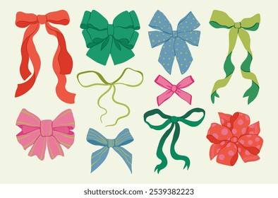 Colorful ribbon bow set flat vector illustration. Hand-drawn cartoon bows for gift wrapping. Various bow knots for Christmas, New Year, holiday celebration, birthday gift box, card, party decorations.