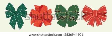 Colorful ribbon bow set flat vector illustration. Hand-drawn cartoon bows for gift wrapping. Various bow knots for Christmas, New Year, holiday celebration, birthday gift box, card, party decorations.