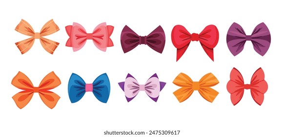 Colorful ribbon bow vector set, collection of decorative bowknot or bowtie illustration, gift card decoration elements, present wrap pack ornament