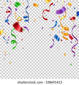 Colorful ribbon and confetti celebration isolated on transparent background, vector art and illustration.