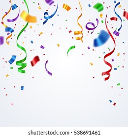 Colorful Ribbon And Confetti Celebration Isolated On White, Vector Art And Illustration.