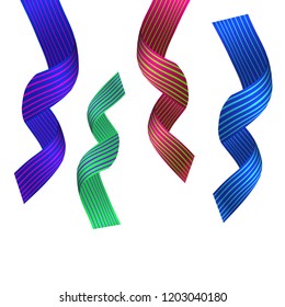 Colorful ribbon, curl with stripes texture. Vector abstract spiral wave in different collor for modern design background. 