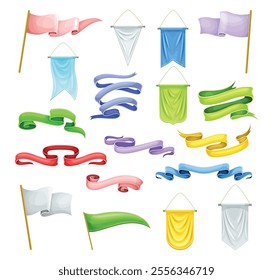 Colorful Ribbon and Flag Pennant with Pole Vector Set