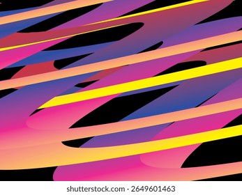 The colorful ribbon interweaving background with bright gradations (pink, purple, blue, yellow, orange) is dynamic and abstract on a black background, creating a modern and futuristic 3D visual effect