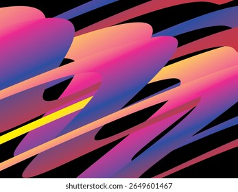 The colorful ribbon interweaving background with bright gradations (pink, purple, blue, yellow, orange) is dynamic and abstract on a black background, creating a modern and futuristic 3D visual effect