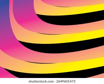 The colorful ribbon interweaving background with bright gradations (pink, purple, blue, yellow, orange) is dynamic and abstract on a black background, creating a modern and futuristic 3D visual effect