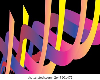 The colorful ribbon interweaving background with bright gradations (pink, purple, blue, yellow, orange) is dynamic and abstract on a black background, creating a modern and futuristic 3D visual effect