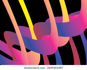 The colorful ribbon interweaving background with bright gradations (pink, purple, blue, yellow, orange) is dynamic and abstract on a black background, creating a modern and futuristic 3D visual effect