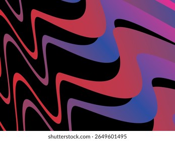 Der farbenfrohe bandförmige, verflochtene Hintergrund mit hellen Abstufungen (rosa, violett, blau, gelb, orange) ist dynamisch und abstrakt auf schwarzem Hintergrund und erzeugt einen modernen und futuristischen 3D-Effekt