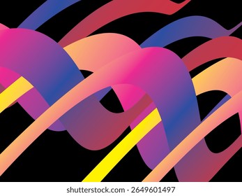 El colorido fondo de cinta entretejida con gradaciones brillantes (rosa, púrpura, azul, amarillo, naranja) es dinámico y abstracto sobre un fondo negro, creando un efecto visual 3D moderno y futurista