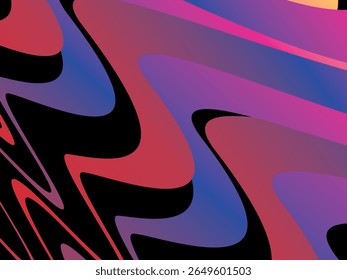 O fundo de entrelaçamento de fita colorida com gradações brilhantes (rosa, roxo, azul, amarelo, laranja) é dinâmico e abstrato em um fundo preto, criando um efeito visual 3D moderno e futurista