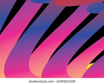 O fundo de entrelaçamento de fita colorida com gradações brilhantes (rosa, roxo, azul, amarelo, laranja) é dinâmico e abstrato em um fundo preto, criando um efeito visual 3D moderno e futurista