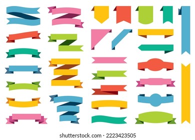 Colorful ribbon tags set. Flag label banners template collection. Scroll shapes, paper retro decorations for shopping sale tag. Flat vector illustration