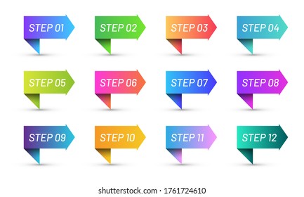 Colorful Ribbons Bullet Points Set. Bright Gradient Arrow Icon Set Of Step 1 To 12 