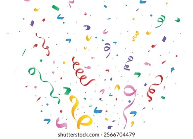 Colorful ribbons and confetti blast isolated on a white background. Party element and Tinsel design for birthday, holiday, and anniversary. Multicolor confetti and ribbon vector for festival.