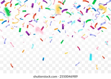 Colorful ribbons and confetti Can be separated from a transparent background. Confetti flying for celebration party banner. Falling shiny Colorful confetti isolated