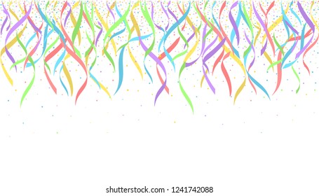 Colorful ribbons and confetti pieces on white background. Holiday party decoration backdrop, Vector illustration