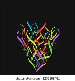 Colorful ribbons festive background. Abstract backdrop with many falling tiny confetti pieces. Vector illustration