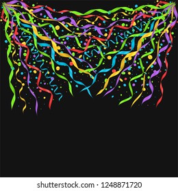 Colorful ribbons festive background. Abstract backdrop with many falling tiny confetti pieces. Vector illustration