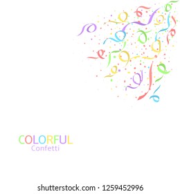 Colorful ribbons festive background. Abstract backdrop with many falling tiny confetti pieces. Vector illustration