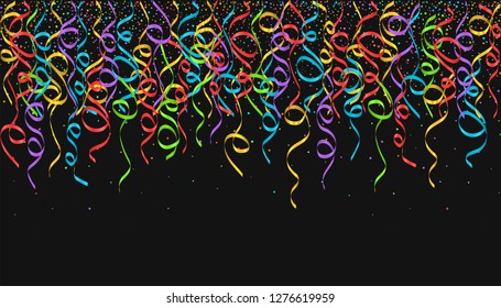 Colorful ribbons festive background. Abstract backdrop with many falling tiny confetti pieces. Vector illustration