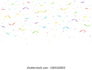 Colorful ribbons festive background. Abstract backdrop with many falling tiny confetti pieces. Vector illustration