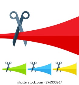 Colorful ribbons. Flat scissors icon. Vector illustration. 